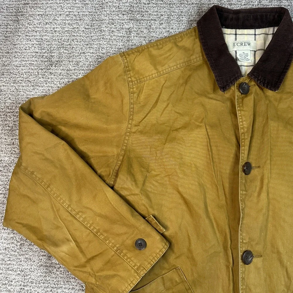 JCrew Mens Barn Jacket Mustard Tan Cotton Canvas Corduroy Collar Plaid Lined M